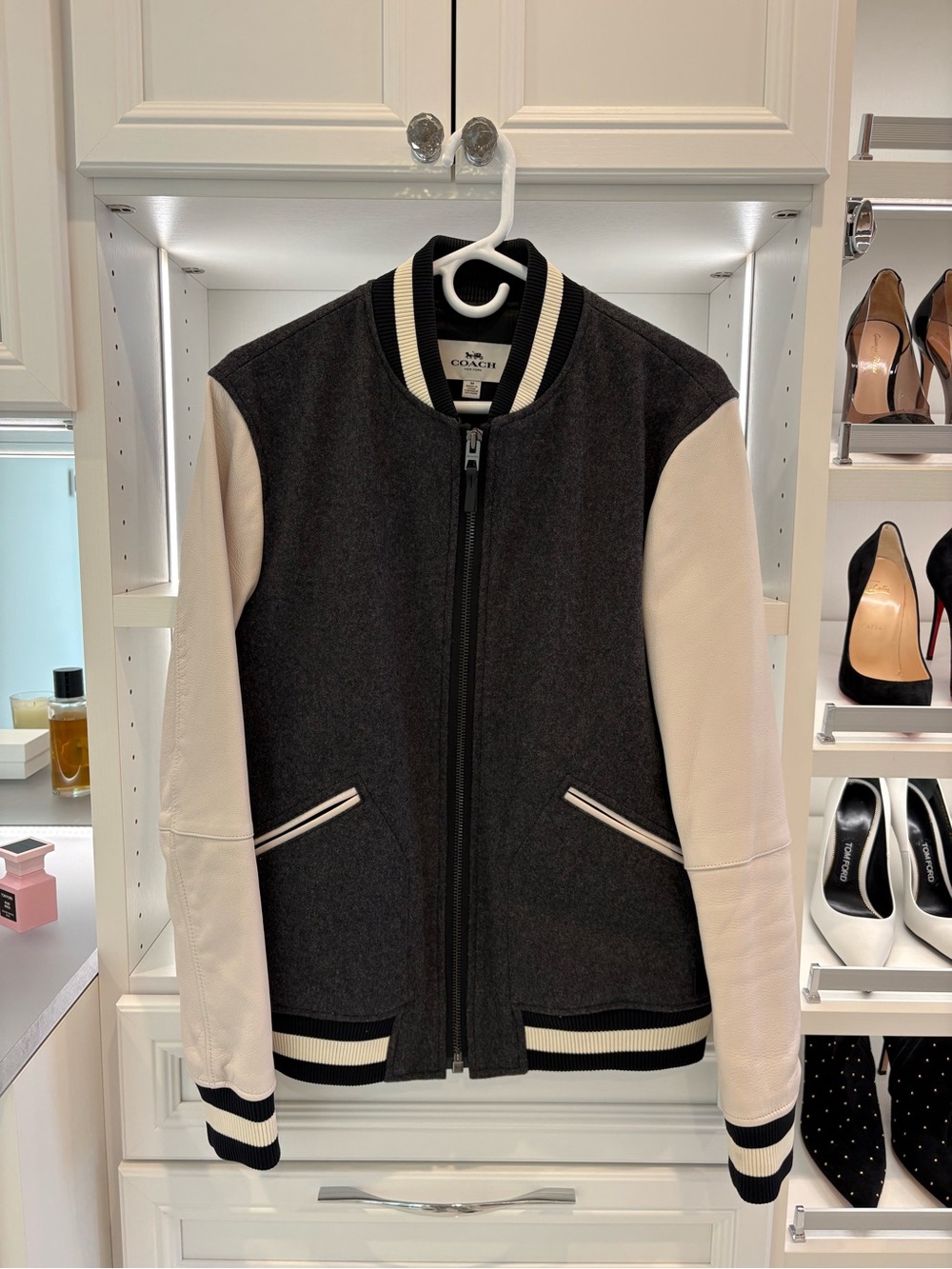 Men’s Coach Charcoal and Cream Leather-Sleeve Varsity Bomber Jacket NWT